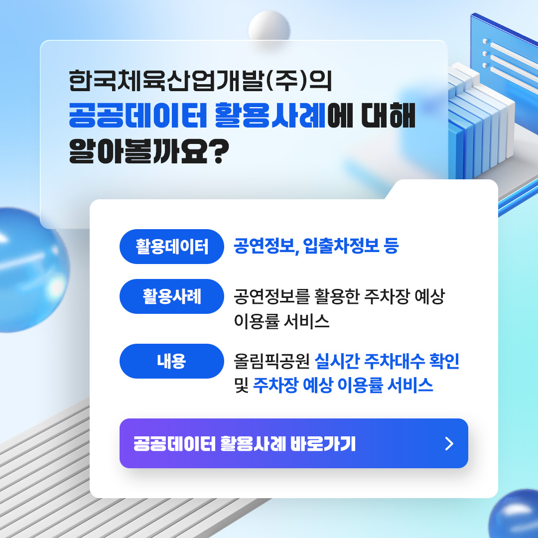 한국체육산업개발(주)의 공공데이터 활용사례에 대해 알아볼까요? 1)활용데이터: 공연정보, 입출차정보 등 2)활용사례: 공연정보를 활용한 주차장 예상 이용률 서비스 3)내용: 올림픽공원 실시간 주차대수 확인 및 주차장 예상 이용률 서비스